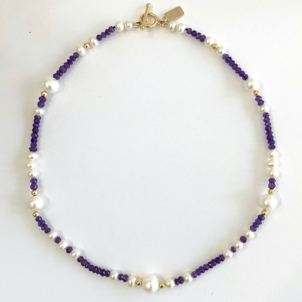 Freshwater Pearl, Amethyst & 14K Gold Necklace - Picture 7 of 7